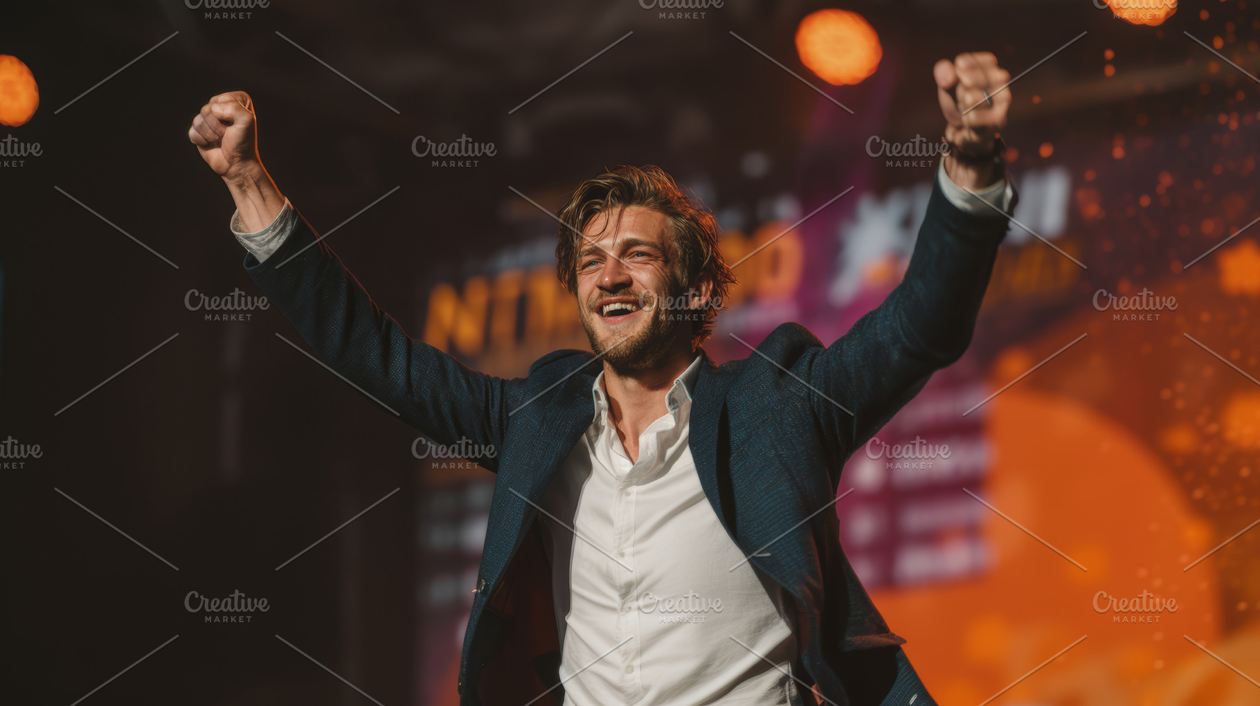 Ecstatic man celebrating success on a vibrant stage with bright lighting, a Person Photo by AS photostudio