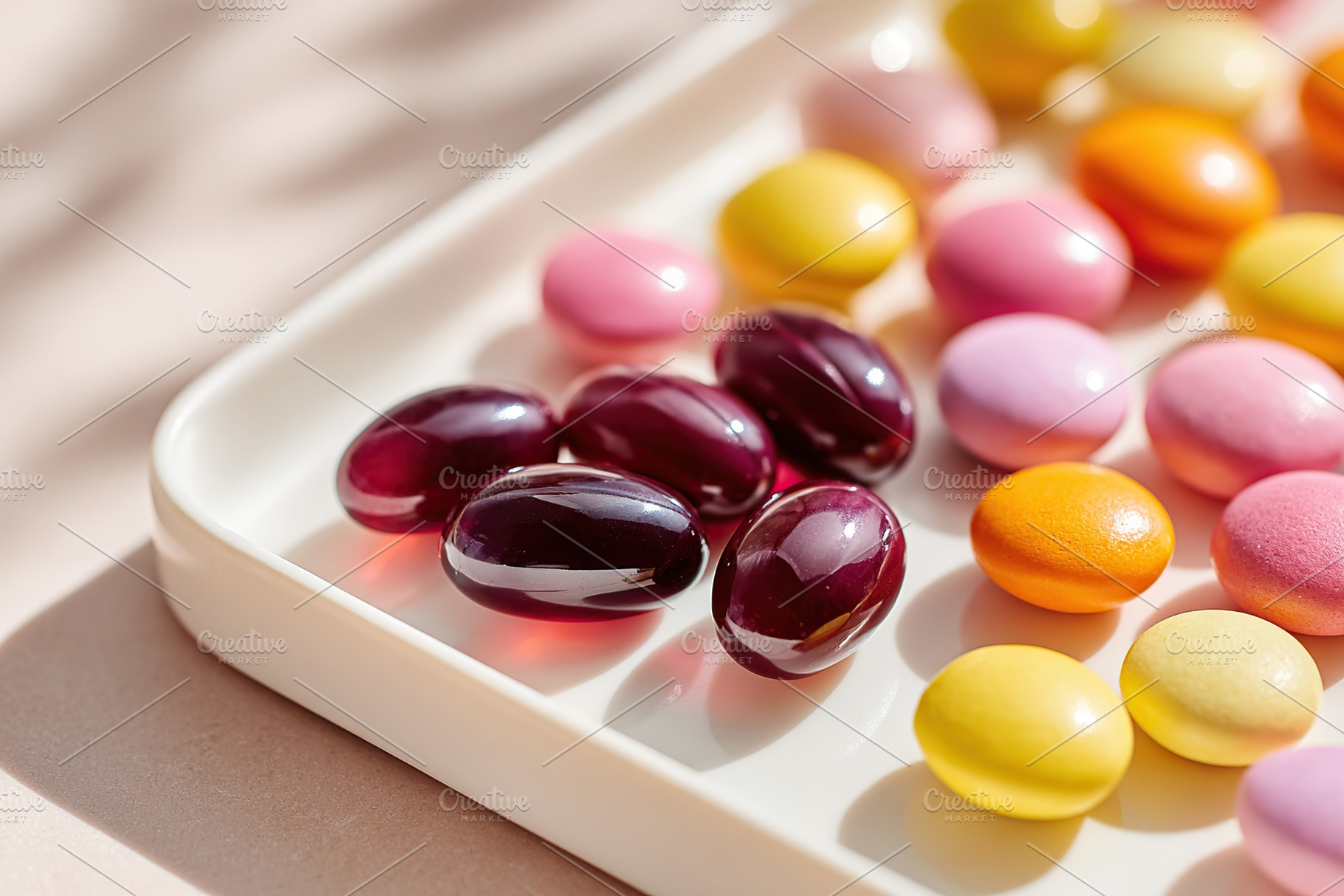 Colorful candy assortment with dark purple jelly candies on a white tray, a Photo by AlyaAnd