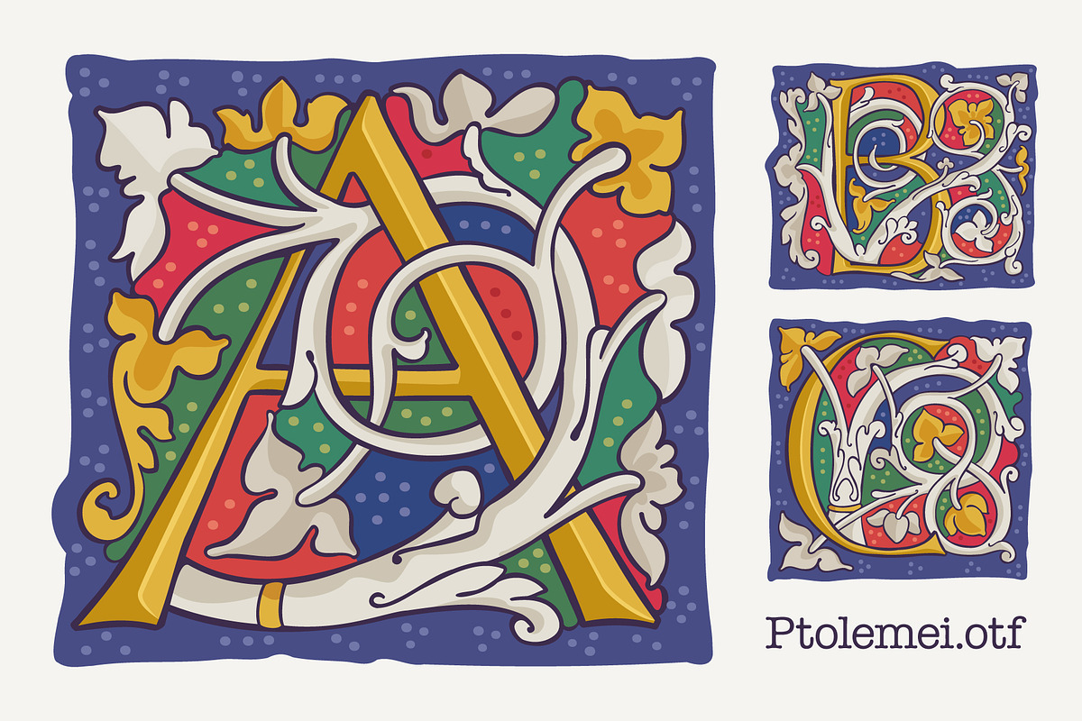 Ptolemei Colored drop caps font, a Blackletter Font by kaer_shop (Photo 1 of 12)
