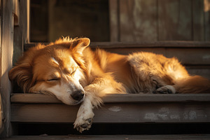 Fluffy dog peacefully naps on stairs, an Animal Photo by MistyDay