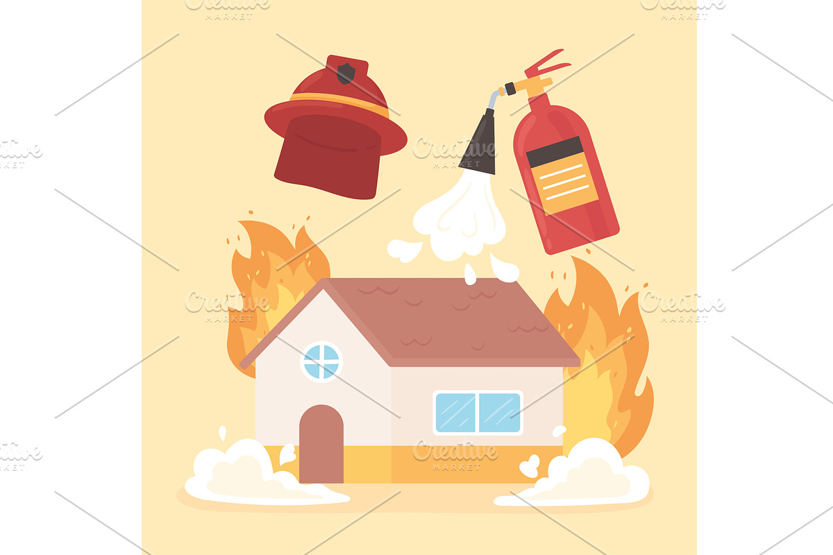 burning house fire extinguisher, an Object Illustration by studiogstock