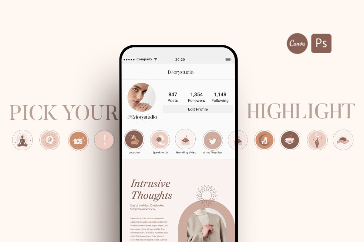 BUNDLE Highlight Instagram CANVA PS, a Social Media Template by Eviory