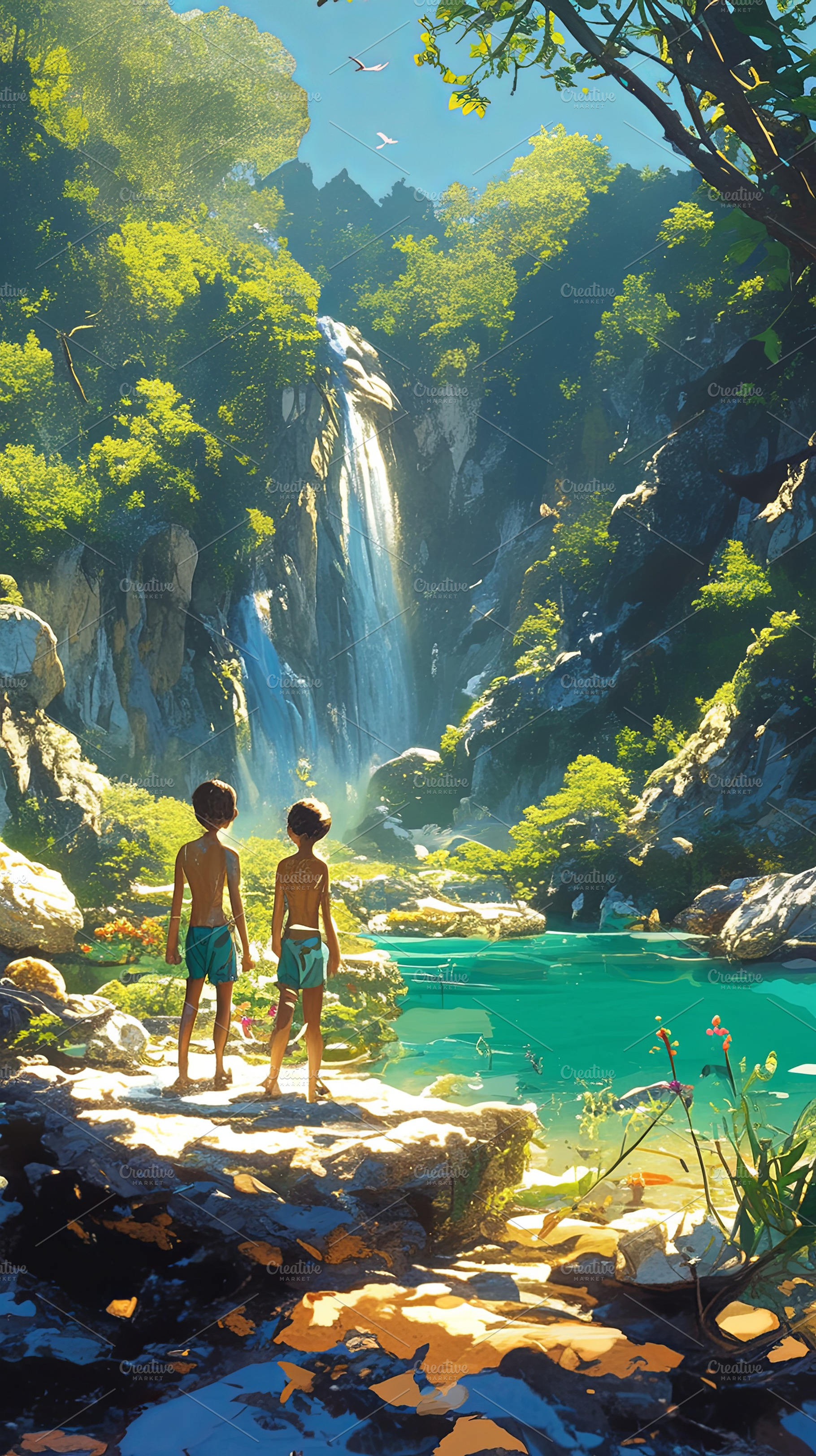 Two children standing by a serene waterfall in a sunny lush forest, a Photo by AS photostudio