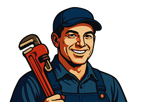 Smiling cartoon plumber holding pipe, an Illustration by AlexArt