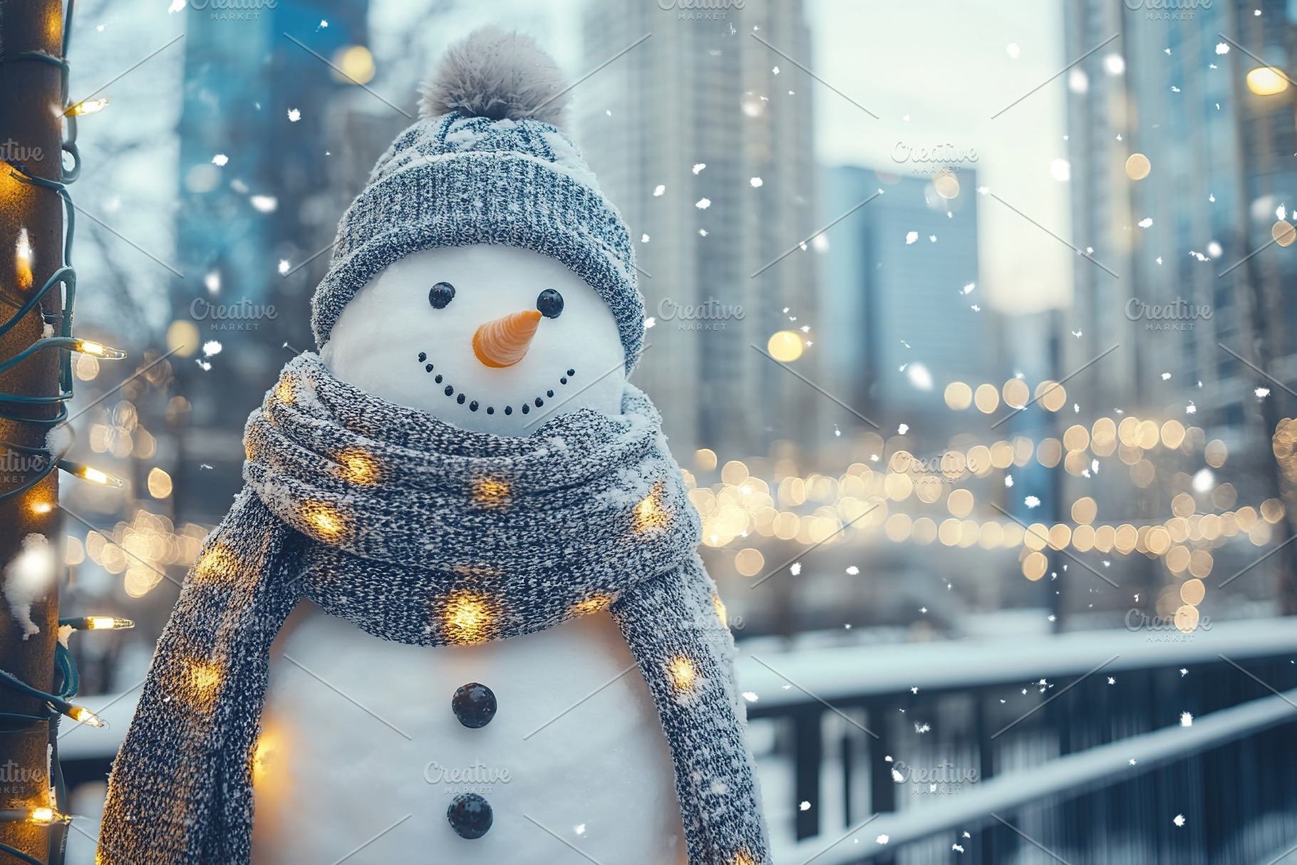 Snowman in winter clothes on blurred city background, a Holiday Photo by AlyaAnd