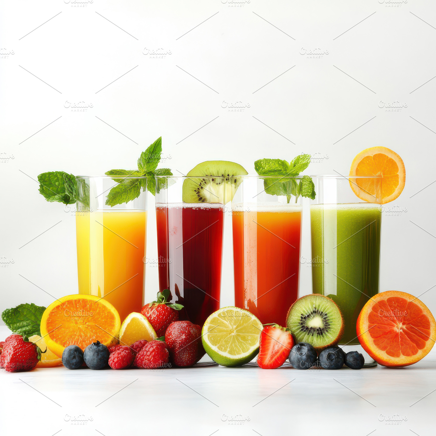 Colorful fruit juices in glasses wit, a Food & Drink Photo by Pixeness Studio