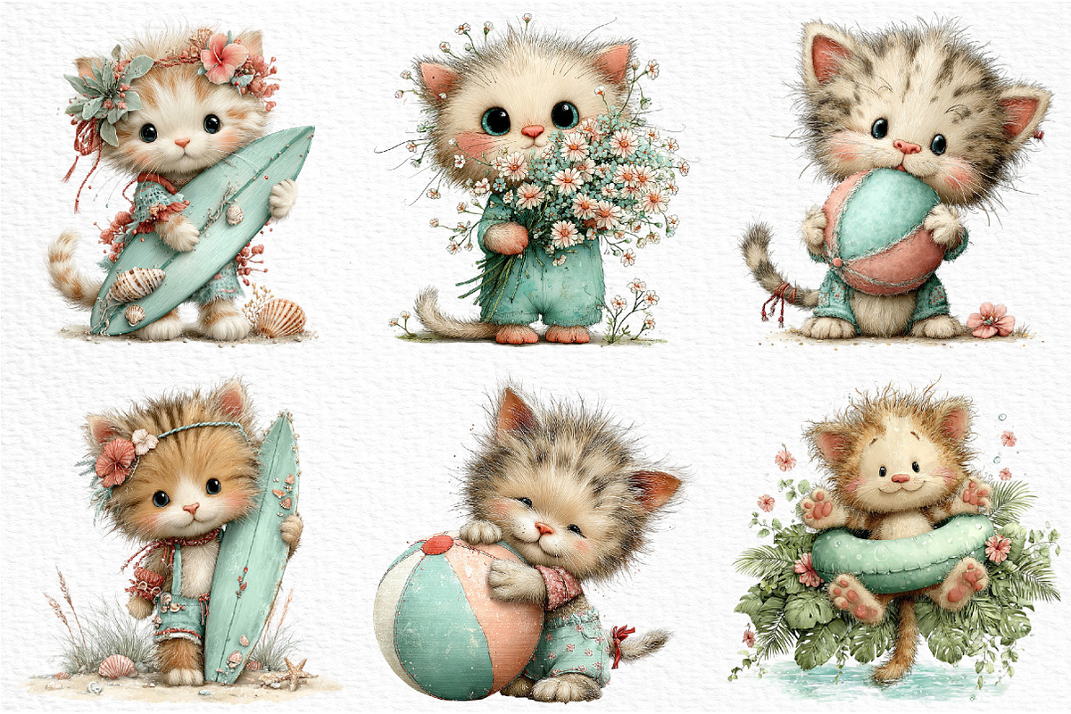 Whimsical Summer Cats Clipart, an Illustration by Craft Nest (Photo 4 of 12)