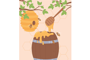 honey hive and barrel, a Food Illustration by studiogstock