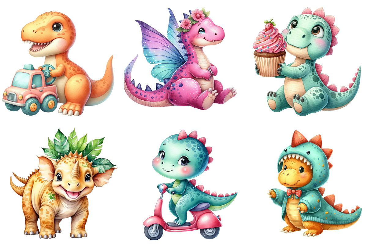 Watercolor Cute Baby Dinosaur PNG, an Illustration by Pixels.Craft (Photo 3 of 6)