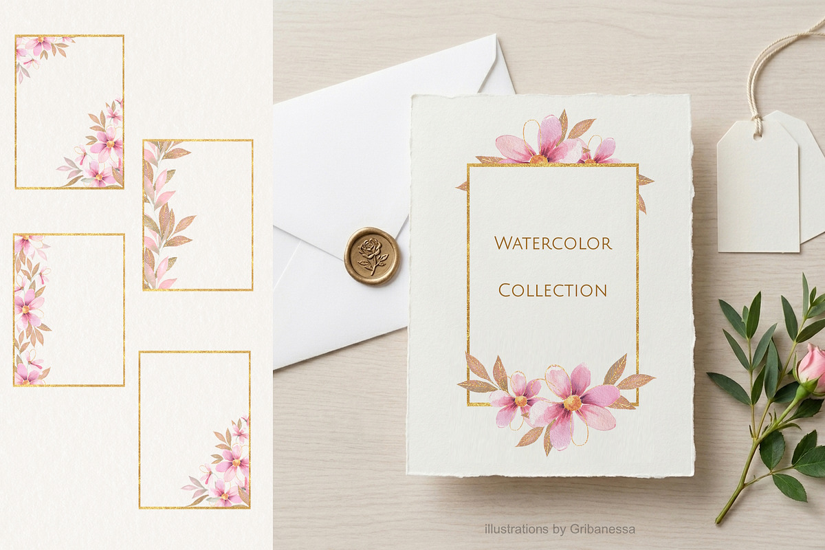 Pink Watercolor Flowers & Gold, a Decorative Illustration by Gribanessa (Photo 4 of 13)