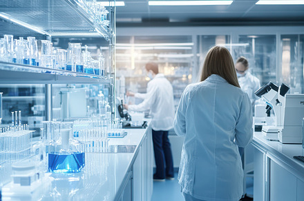 Scientists working in a modern, clea, a Health & Medical Photo by Pixeness