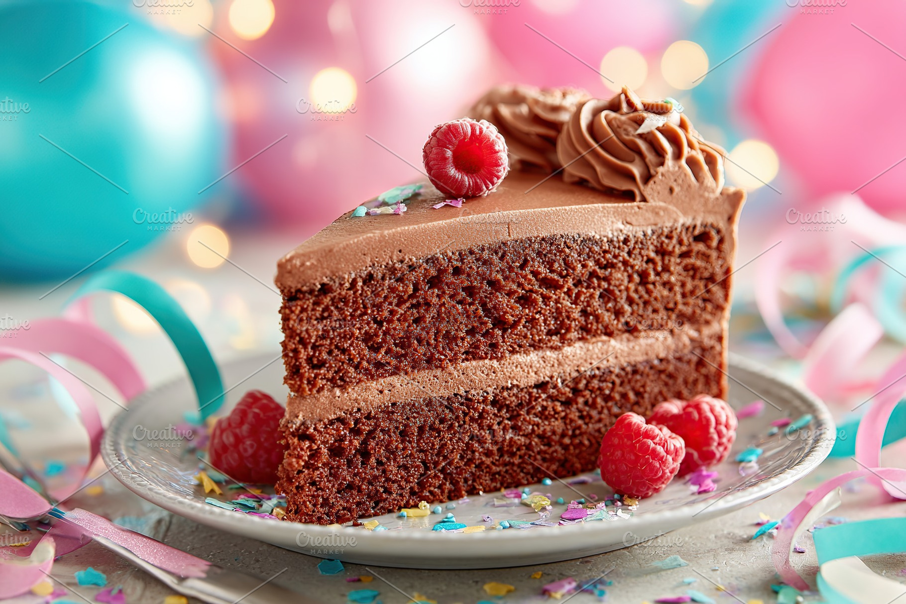 Delicious chocolate sponge cake slice layered with creamy frosting and fresh ra, a Food & Drink Photo by AlyaAnd