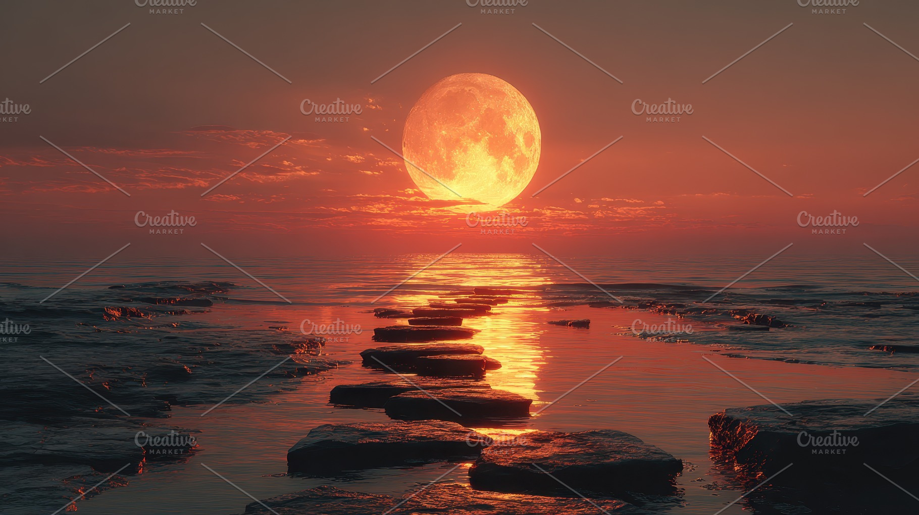 Sunset Moonlit Ocean Path Stonescape, a Photo by Pixeness Studio