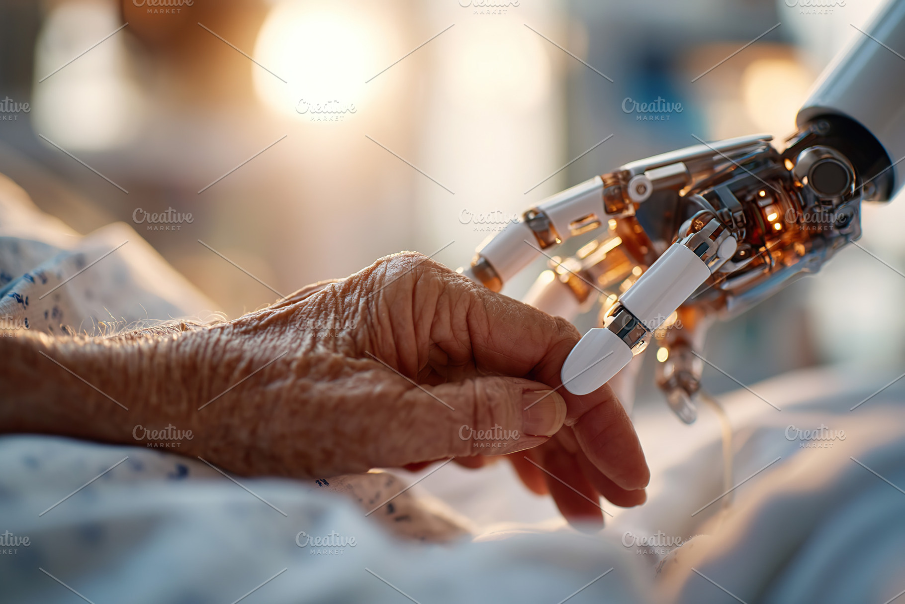 Human and robotic hand connection in a healthcare setting illustrating advanced, a Technology Photo by AlyaAnd