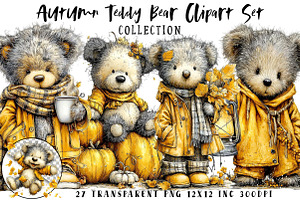 Autumn Teddy Bear Clipart Set, an Illustration by OK Design
