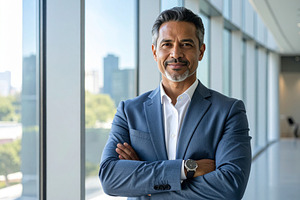 Confident business leader standing in front of large glass windo, a Person Photo by DanFLCreativo