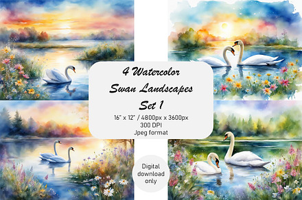 Watercolor Pond Landscape Swans Set2