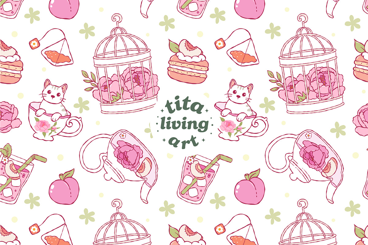 Peach Tea Time Seamless Pattern, a Food Illustration by TitaLivingArt (Photo 2 of 10)