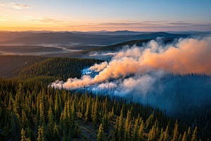 Aerial view of forest fire at sunset, a Nature Photo by AlyaAnd