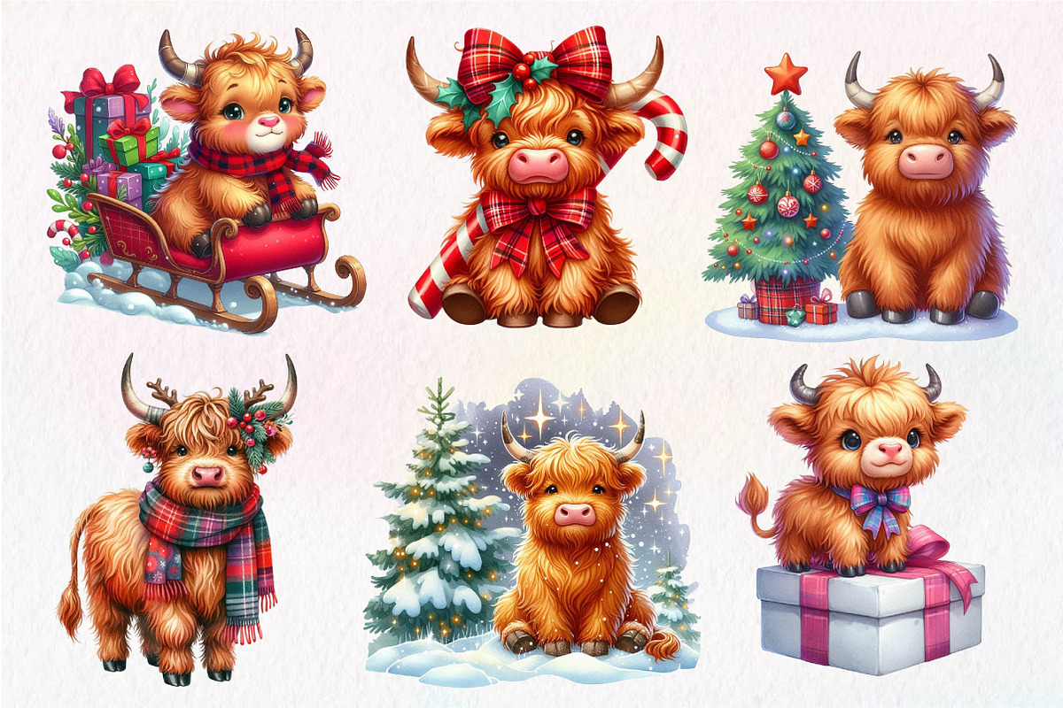 Cute Christmas Highland Cow Clipart, an Illustration by Dream Creation (Photo 5 of 7)