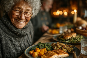 Senior woman smiling at cozy family dinner table with roasted salmon, vegetable, a Photo by AS photostudio
