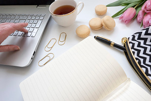 Modern styled desk mock up stock photo containing flat lay and modern