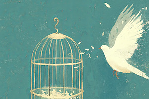 White dove flying free from a cage representing freedom and hope, an Illustration by AS photostudio