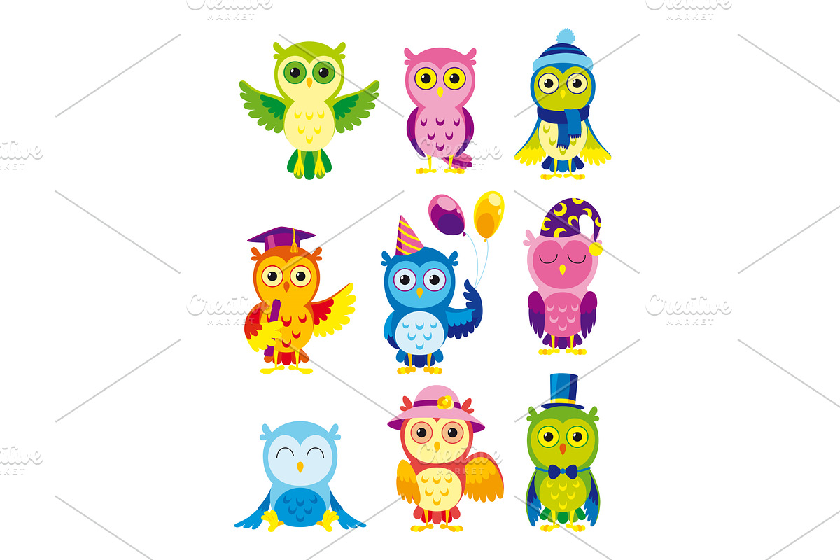 Collection of cartoon owls designed, an Illustration by the8monkey