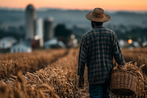 Farmer walking through wheat field carrying a basket at sunset, a Photo by AS photostudio