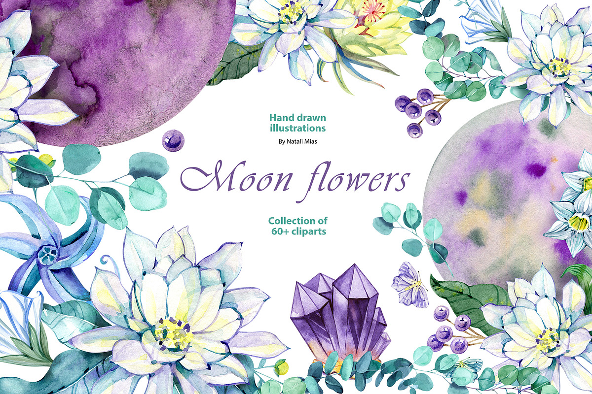 Moon Flowers. Watercolor Clipart Set, a Decorative Illustration by NataliMiasStore (Photo 1 of 6)