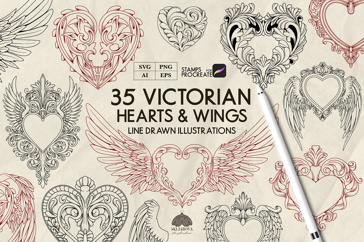 Victorian Hearts & Wings + Procreate, a Decorative Illustration by Skliarova (Photo 1 of 10)