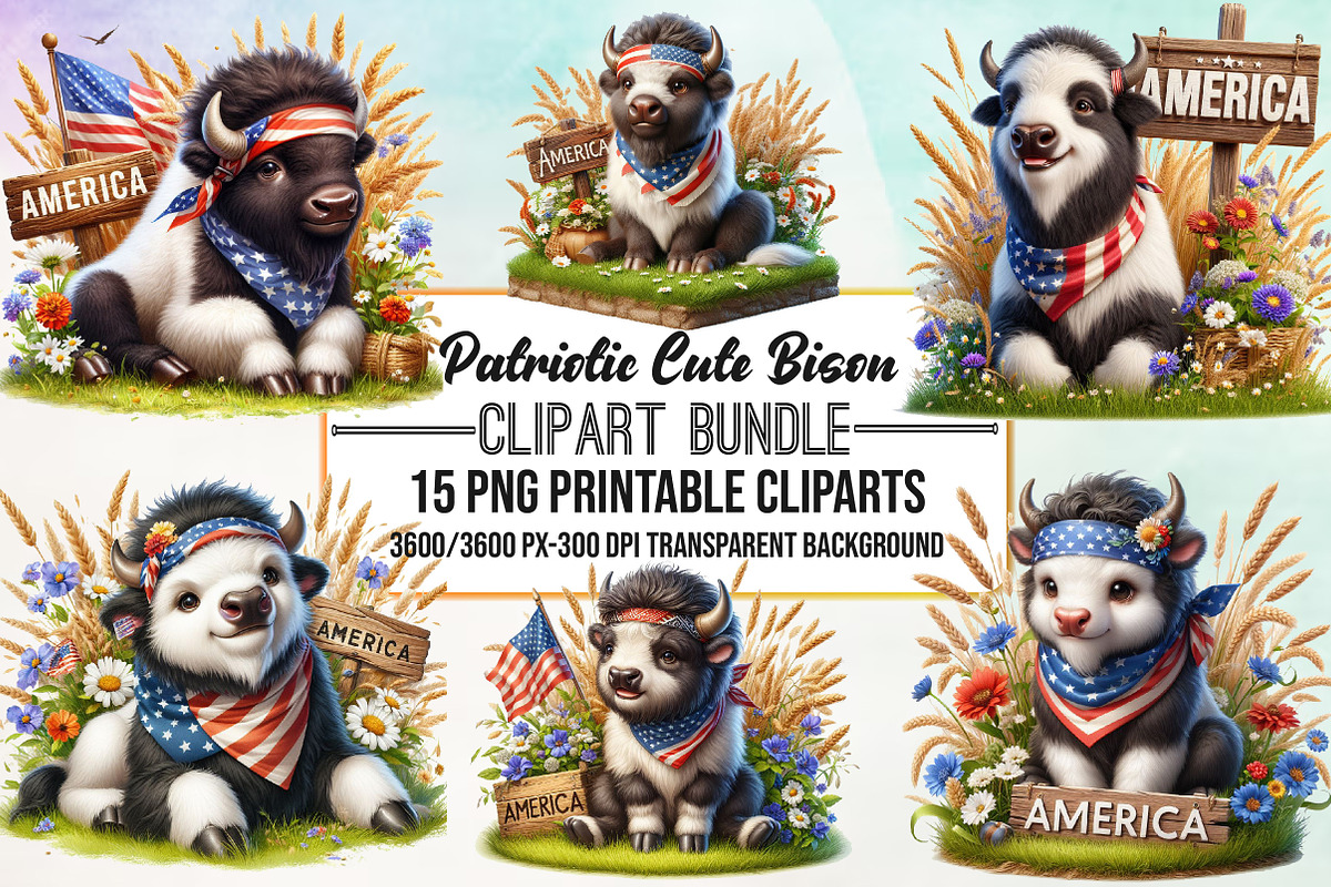 Watercolor Patriotic Cute Bison, an Animal Illustration by Craft Nest (Photo 1 of 3)