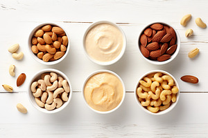 Bowls of hazelnut, cashew and almonds butter on wooden background, a Food & Drink Photo by AlyaAnd
