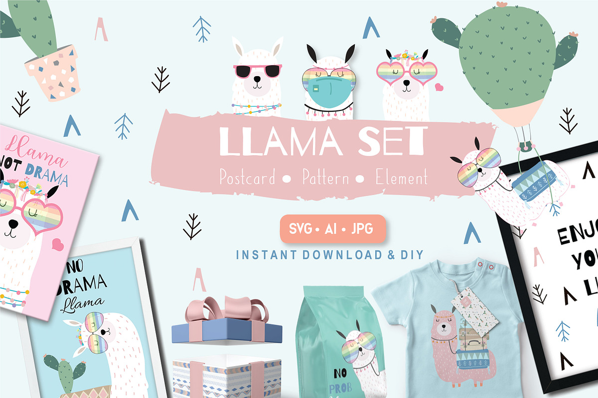 Cute llama set print and pattern, an Animal Illustration by Piixypeach (Photo 1 of 6)