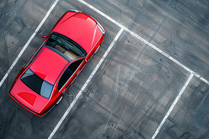 Aerial view of red car parked in the parking lot, a Transportation Photo by AlyaAnd