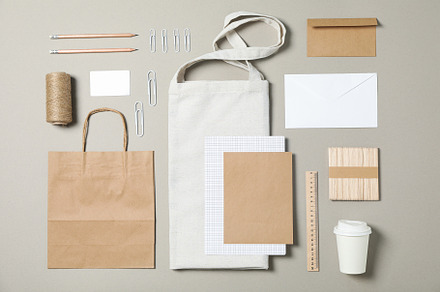 Mockup. Corporate stationery with paper and tote bag on grey bac, a Business Photo by AtlasStudio PRO