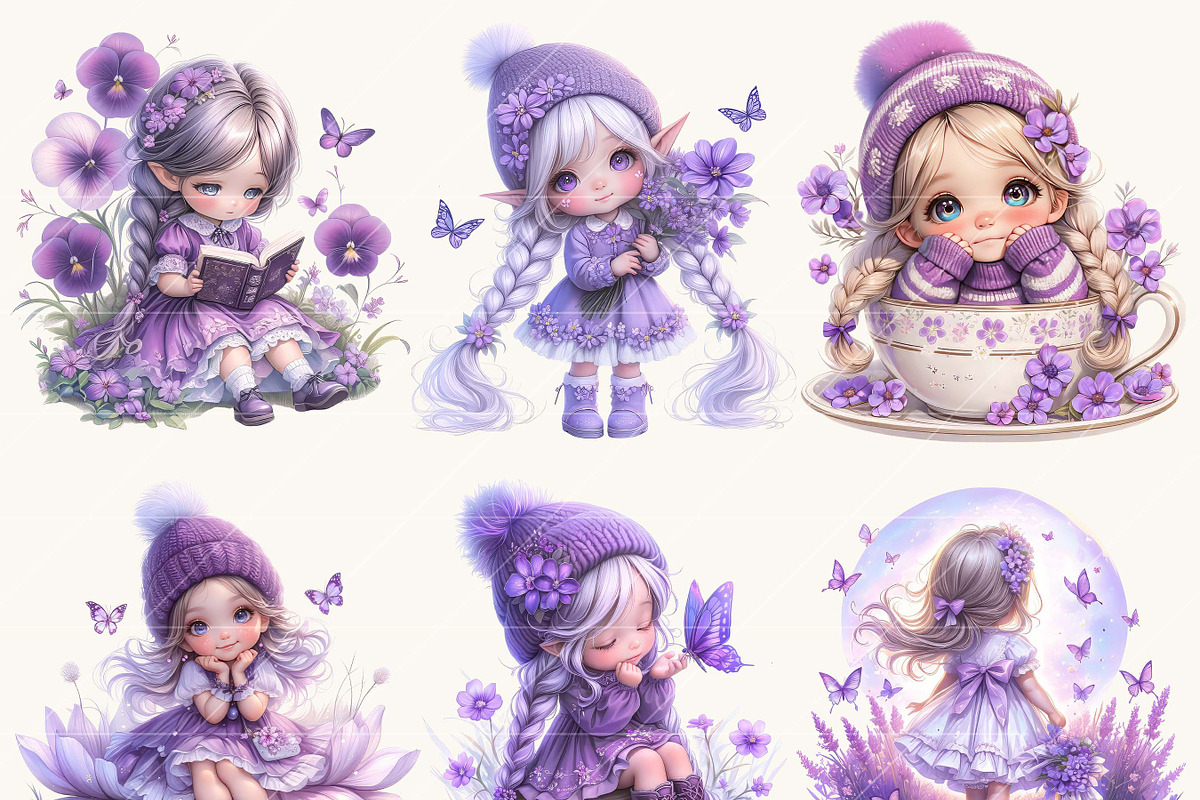 Violets Flower Gnome Girl Clipart, a Person Illustration by BusyDaydesign (Photo 3 of 8)
