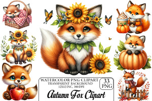Watercolor Autumn Fox Clipart Bundle, an Illustration by DreamPrint404
