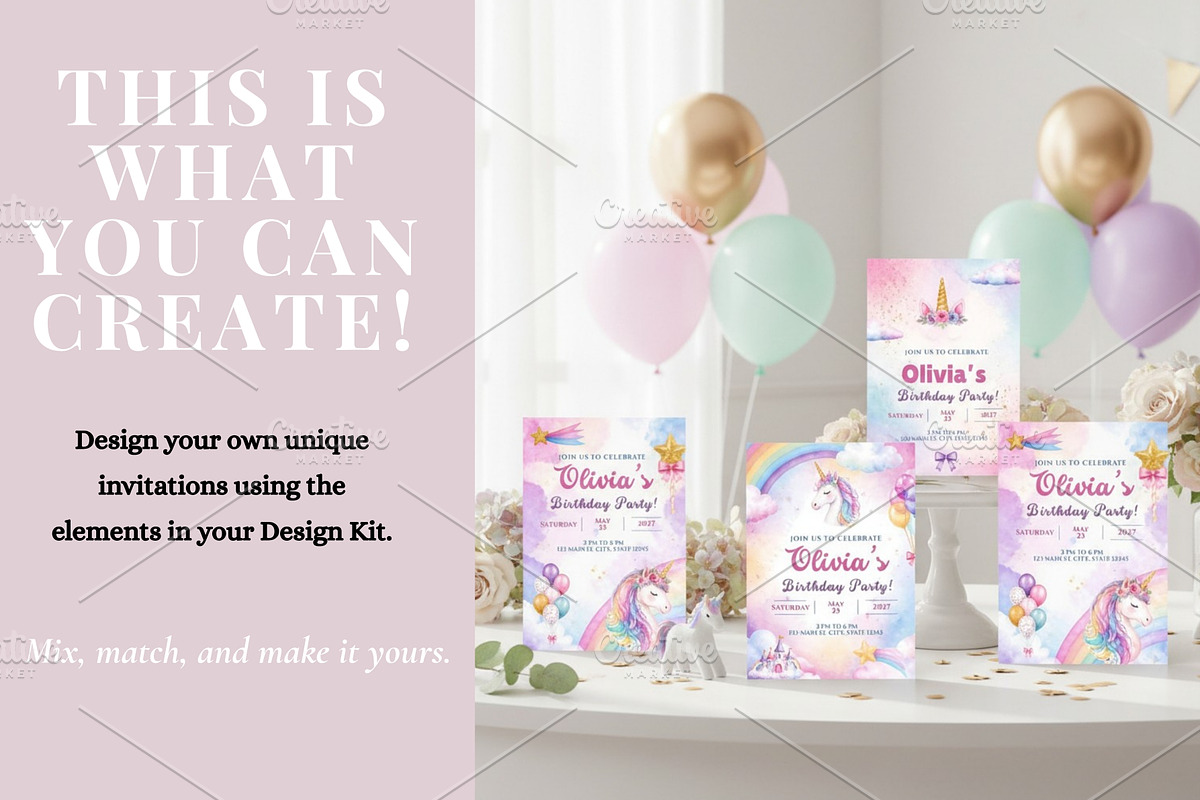 Unicorn Party Invite MEGA Design Kit, an Invitation Template by Sunny Jar Designs (Photo 1 of 4)