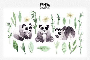 Watercolor Panda. Patterns, Cliparts