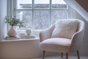 Cozy armchair with fluffy pillow by window, watching snow fallin, a Photo by Studio ANNA