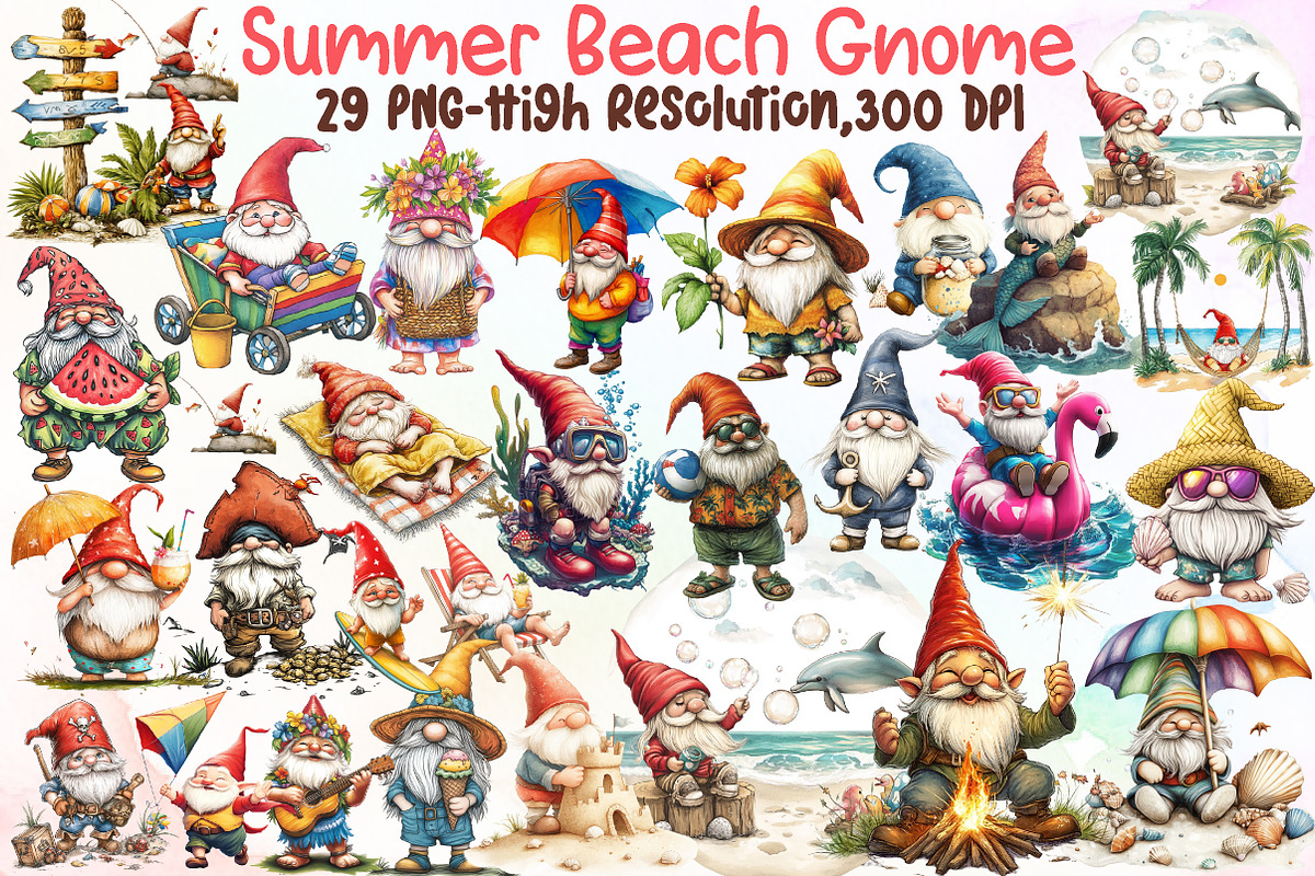 Watercolor Summer Beach Gnome Clipar, an Illustration by Sublimation Artist (Photo 1 of 6)