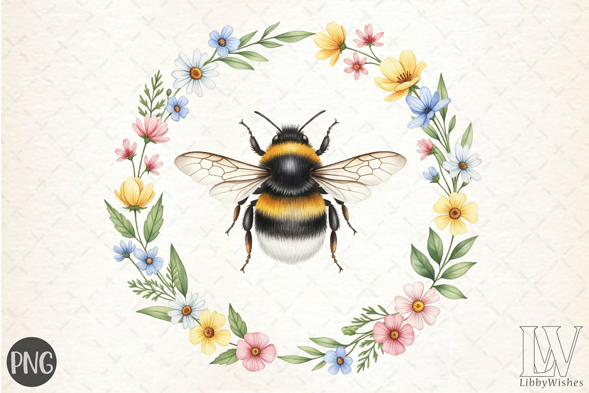Whimsical Honey Bee with Floral PNG, an Illustration by Libby Wishes (Photo 1 of 6)