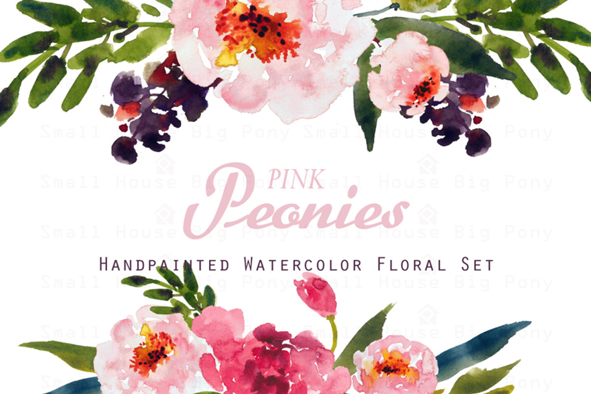 Pink Peonies-Watercolor Clip Art, an Illustration by SmallHouseBigPony (Photo 1 of 4)