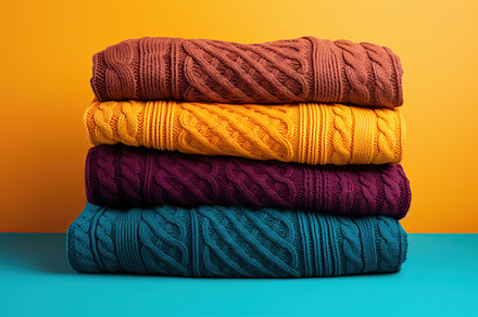 Stack of knitted sweaters on yellow background, a Beauty & Fashion Photo by AlyaAnd