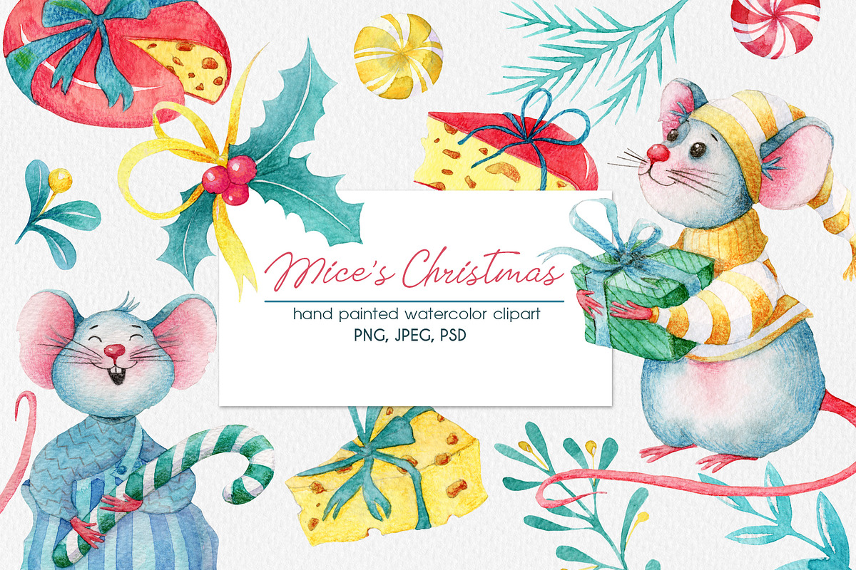 Watercolor Christmas Mice Clip art, an Animal Illustration by ArtPavo (Photo 1 of 9)