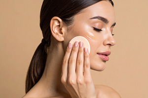 Woman applying liquid foundation under one eye using a sponge, a Beauty & Fashion Photo by DanFLCreativo