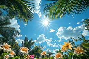 Bright sun shining over tropical flowers and palm trees on a clear day, a Nature Photo by AlyaAnd