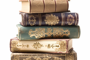 Stack of antique vintage old books isolated on white background,, a Photo by Studio ANNA