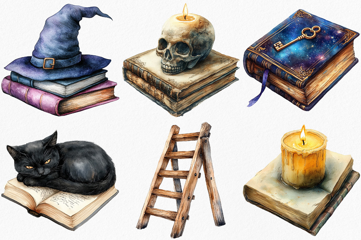 Watercolor Haunted Bookstore Clipart, an Illustration by Canvas Craft (Photo 3 of 7)